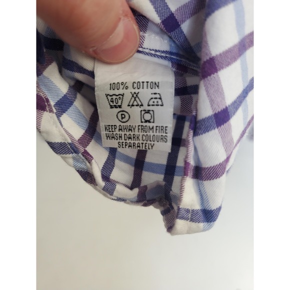 Schoffel Shirt Mens 17.5 White Purple Blue Check Classic Fit Long Sleeve Cotton - Picture 3 of 7